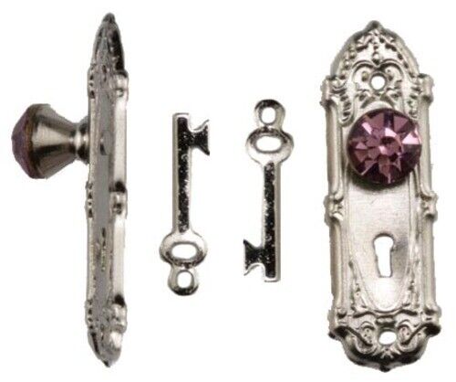 Purple Crystal Opryland Door Handles In Black With Keys, Dolls House Miniatures