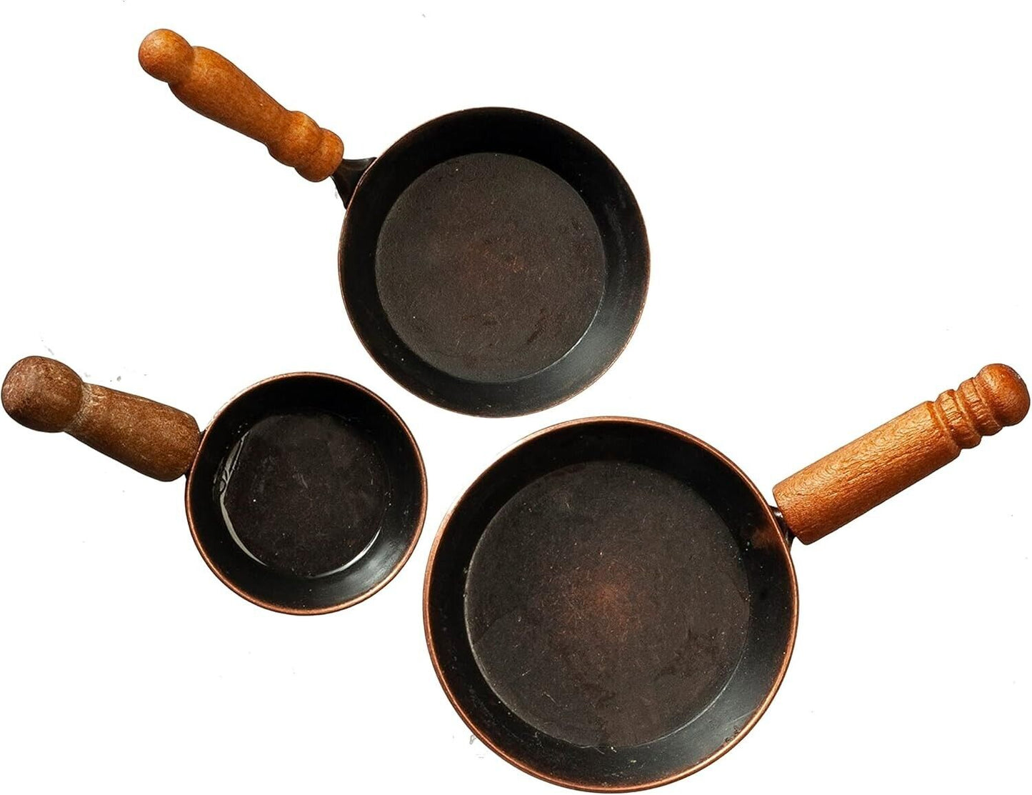 3 Copper Frying Pans, Dolls House Miniature Kitchen Accessory Metal, Cooking