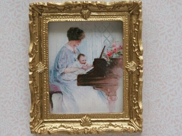 First Lesson Picture In Ornate Golden Frame, Dolls House Miniature Wall Decor