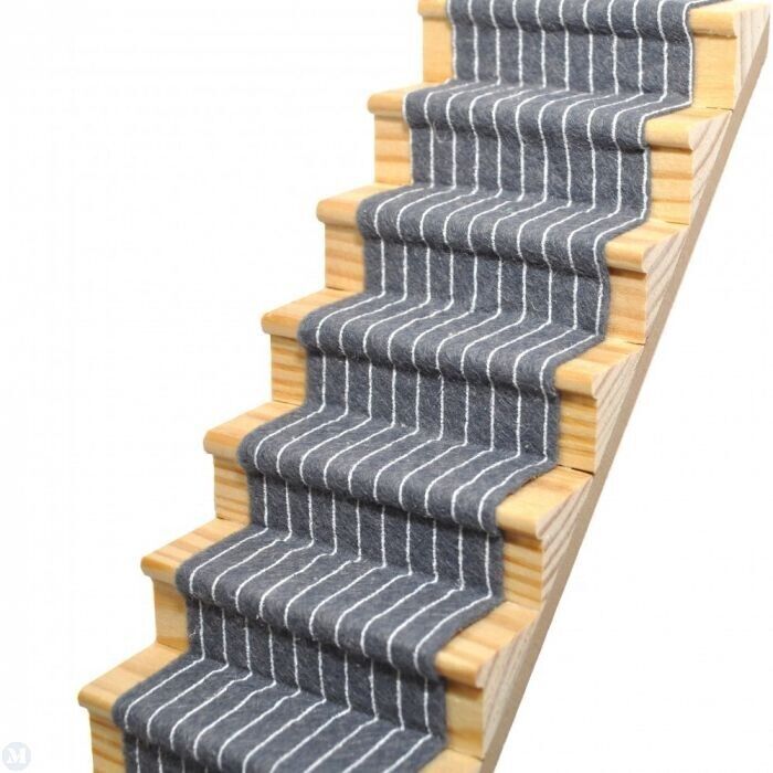 Slate Grey Striped Stair Carpet, Dolls House Miniature 1.12 Scale Adhesive Back