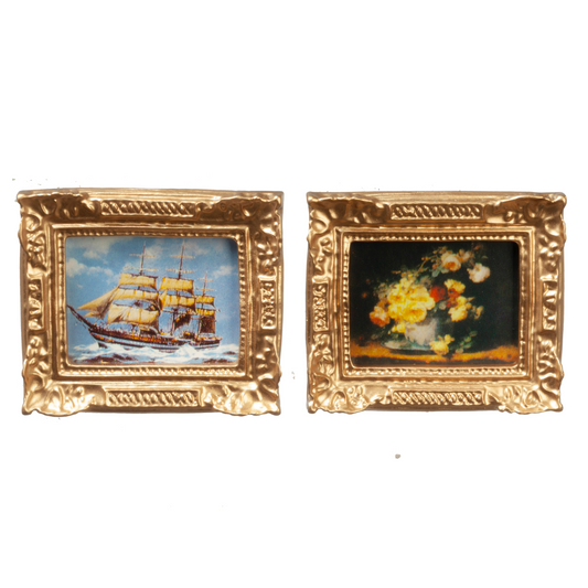 Ship & Flower Ornate Golden Framed Pictures, Dolls House Miniature, Wall Decor