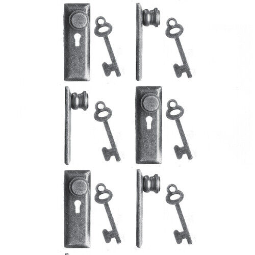 24th Scale Door Knob & Plate With Keys 6 Pack Pewter, Dolls House Miniatures, UK