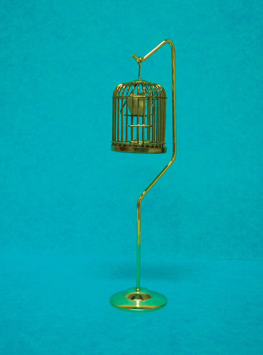 Golden Birdcage & Stand With Bird, Dolls House Miniature 1.12 Scale Bird