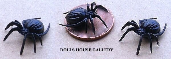 3 Black Spiders miniatures insects garden outdoor, Halloween, Creepy Crawly, UK