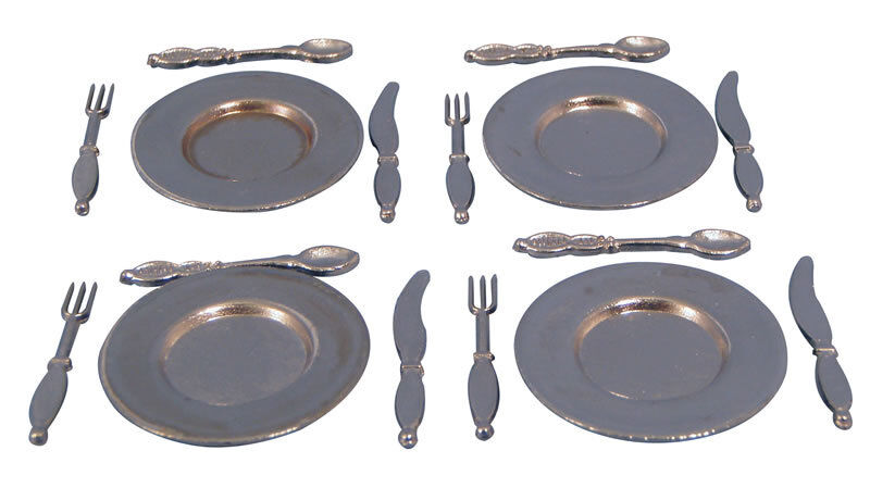 4 Metal Plates & Cutlery, Doll House Miniature, Miniatures, Knifes Forks Spoons