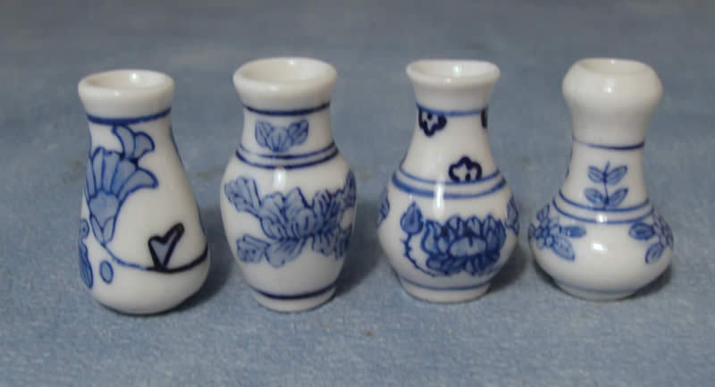Four Blue & White Porcelain Vases Dolls House Miniature, Miniatures 1:12 Scale