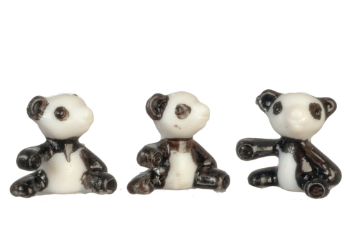 3 Small Panda Bears, Dolls House Miniature, Nursery 1.12 Scale 15mm Tall