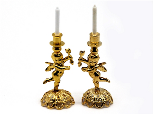 Pair Of Gold Cherub Candlesticks, Dolls House Miniature Home Decor Candles