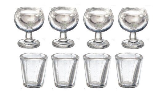 Set Of 8 Small Glasses, Dollhouse Miniature, 1.12 Scale, Wine Glass, Beaker