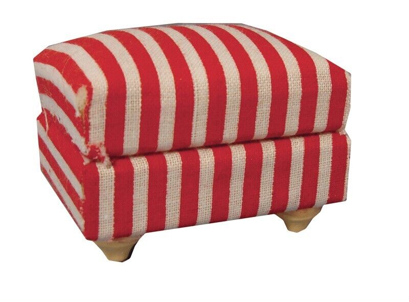 Red & White Cushioned Footstool, Dolls House Miniature Furniture 1.12 Scale