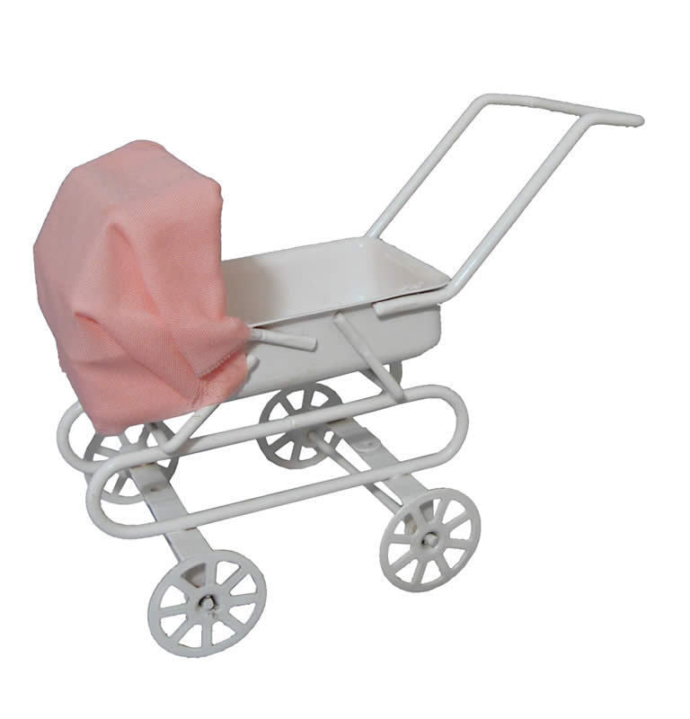 Pink Hooded Metal Pram, Dolls House Miniatures Nursery Toys buggy 1/12 scale