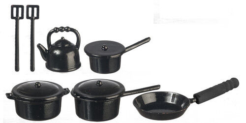 Black Metal Kitchenware Pots & Pans Set, Dolls House Miniatures, Kitchen