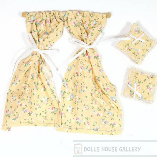 Curtains & Two Cushions, Beige Flower Pattern 1.12th Scale Doll House Accessory