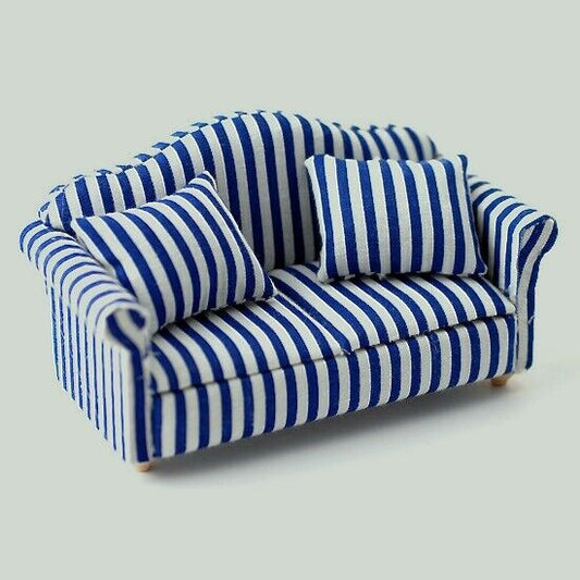Blue & White Striped Sofa, Dolls House Miniature Furniture, 1.12 Scale