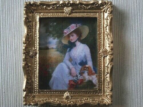 Lady In Hat Picture In Ornate Golden Frame, Dolls House Miniature, Wall Decor