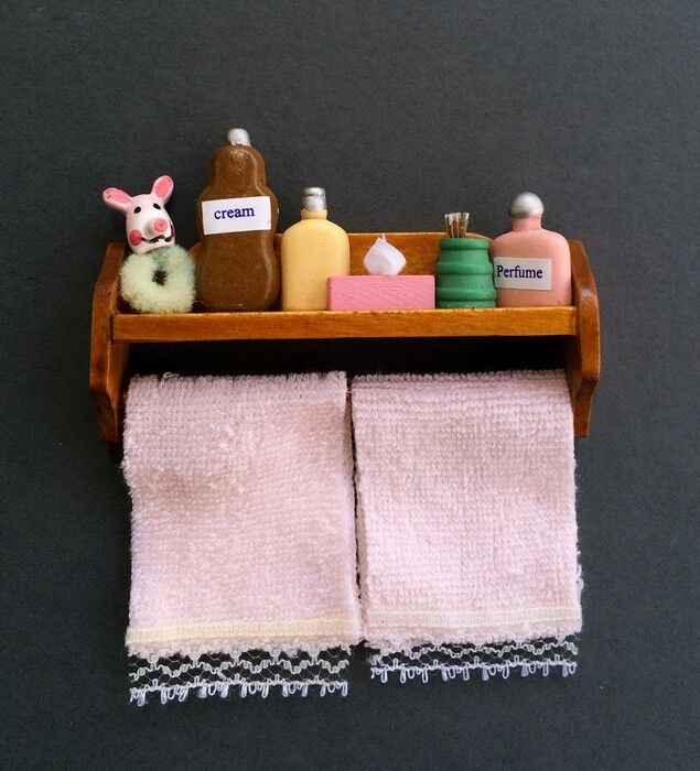 Bathroom Shelf With Accessories & Pink Towels, Dolls House Miniatures, Miniature