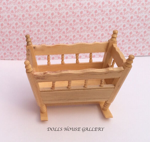 Pine Rocking Cradle, Dolls House Miniature Nursery Accessory. 1.12 Scale