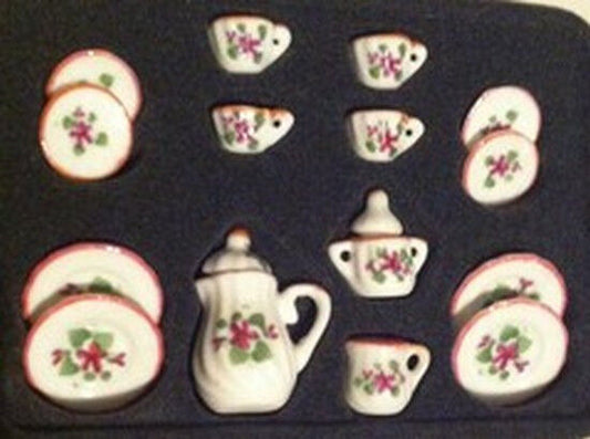 15 Piece Coffee Set With Purple Flowers, Dolls House Miniatures Kitchen Dining