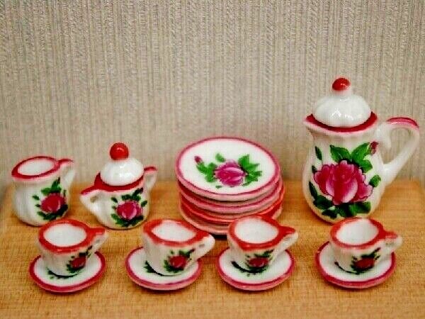 Pink Rose Tea Set, Dolls House Miniature, 1.12 Scale, Dining Room