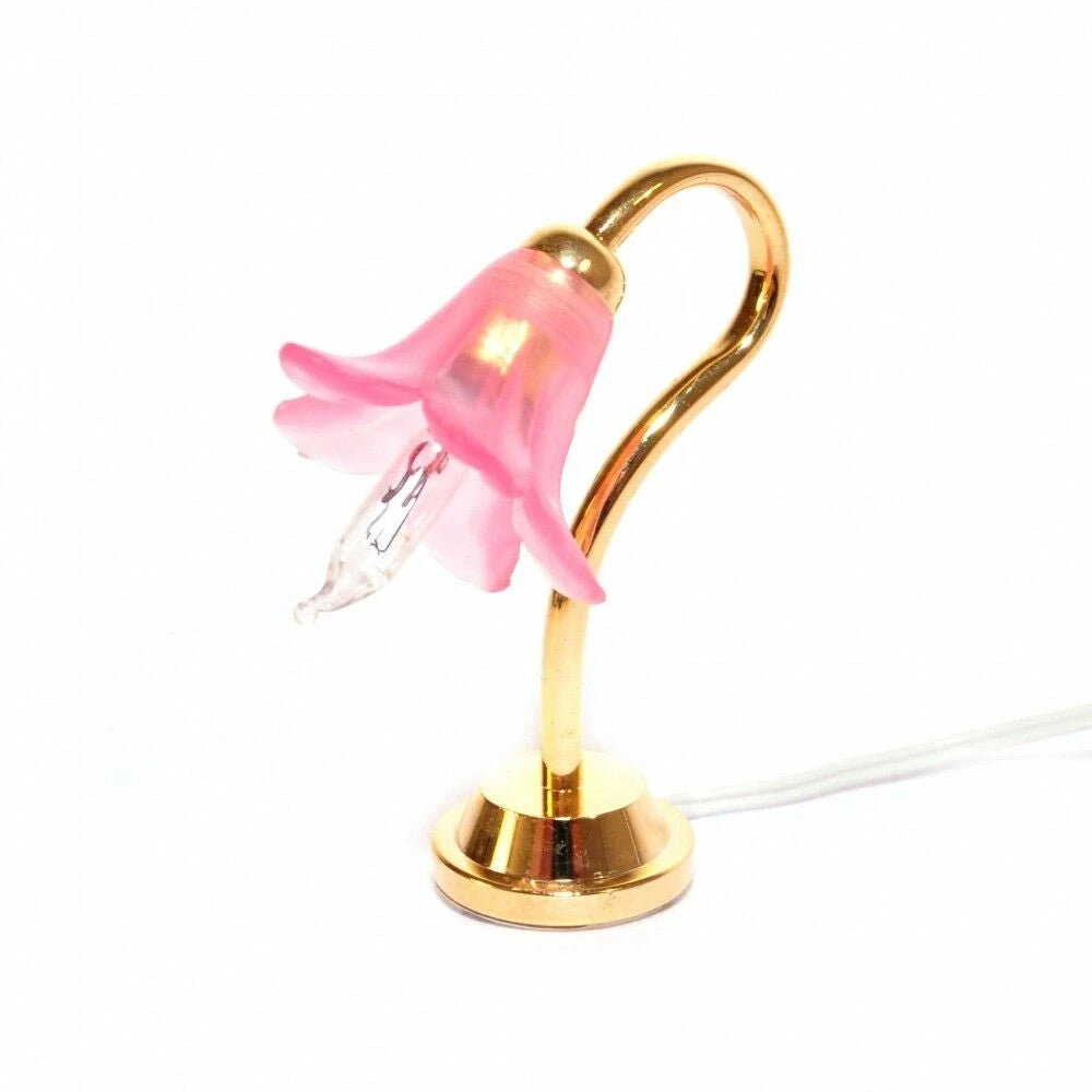 Pink Flower Table Lamp, 1/12 Scale Dolls House Miniature, 12 Volt