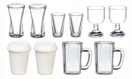 Set of 10 cups, mugs & glasses, dolls house miniature, kitchen dining 1:12 scale