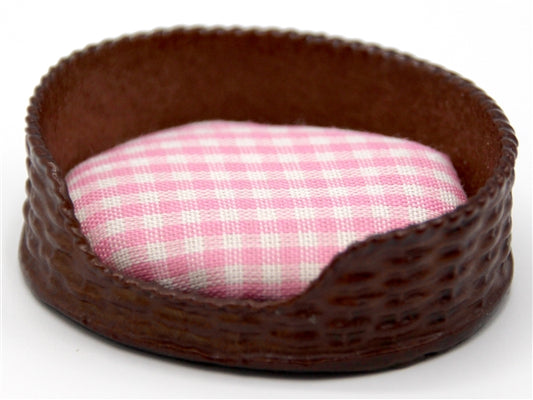 Pink, White & Brown Dog or Cat Basket, Dolls House Miniature Pet Bed, 1.12 Scale