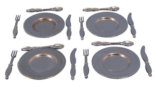 4 Metal Plates & Cutlery, Doll House Miniature, Miniatures, Knifes Forks Spoons