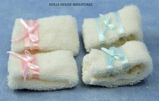 Pack of Four Towels,  Dolls House Miniature, Bathroom Accessory 1/12 scale.