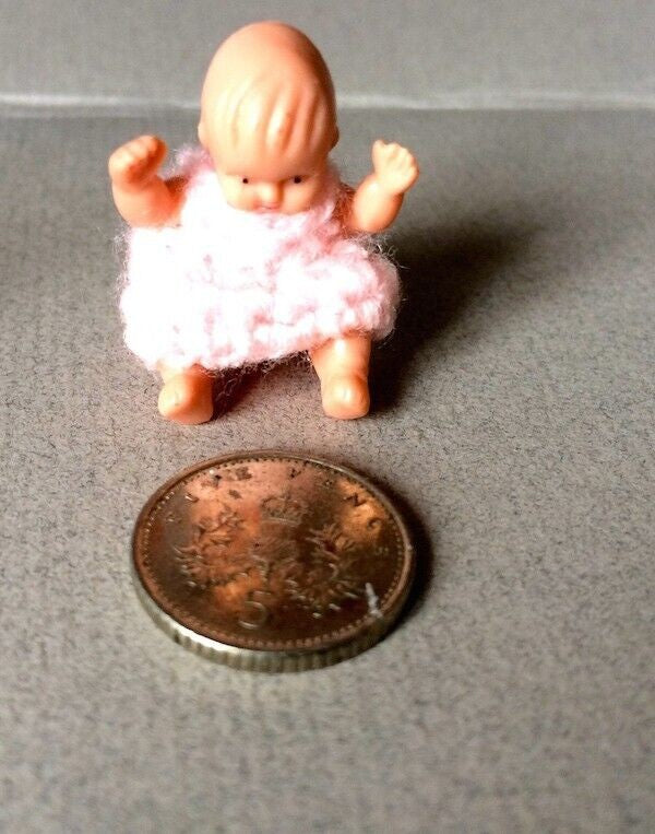 Baby in Pink Knitted Dress, Dolls House Miniature, 1.12 Scale