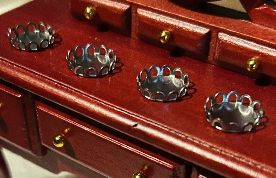 4 Tiny Round Silver Trays, Dolls House Miniature.