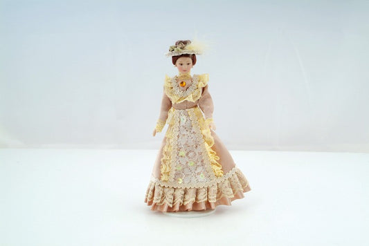 Porcelain Victorian Lady in Beige Dress & Hat, 1.12th Scale Doll