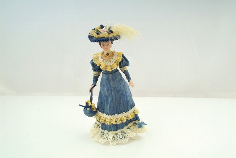 Porcelain Victorian Lady in Blue Dress & Hat, 1.12th Scale Doll