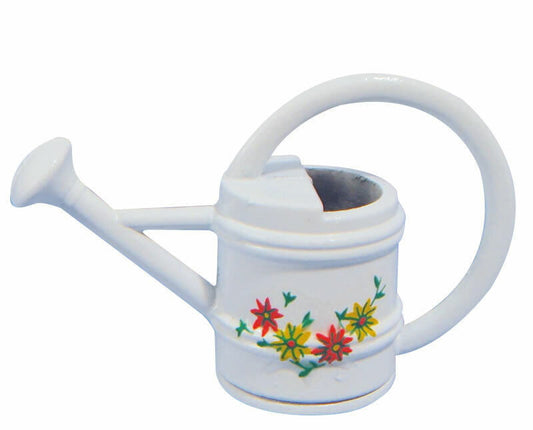 White Watering Can With Flower Design, Dolls House Garden Miniature