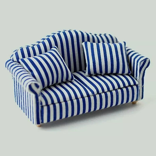 Blue & White Striped Sofa, Dolls House Miniature Furniture, 1.12 Scale