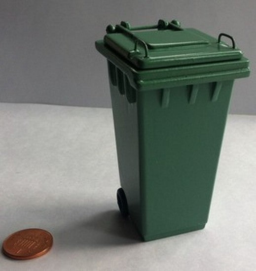Green Wheelie Bin, UK Miniature Doll House Garden, Outdoor. 1:12 Scale BIN ONLY