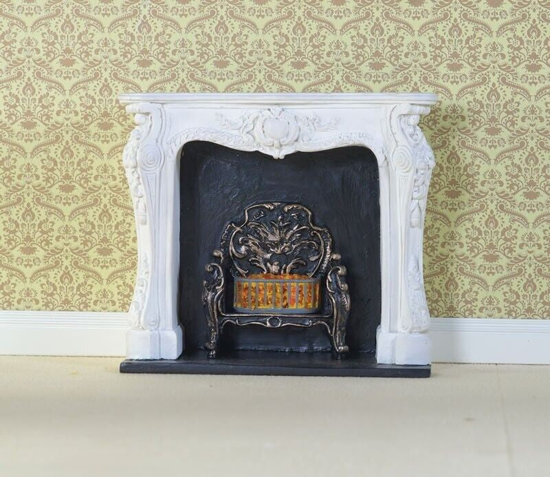 White Rocco Style Fireplace, Dolls House Miniature, Fire, House Decor