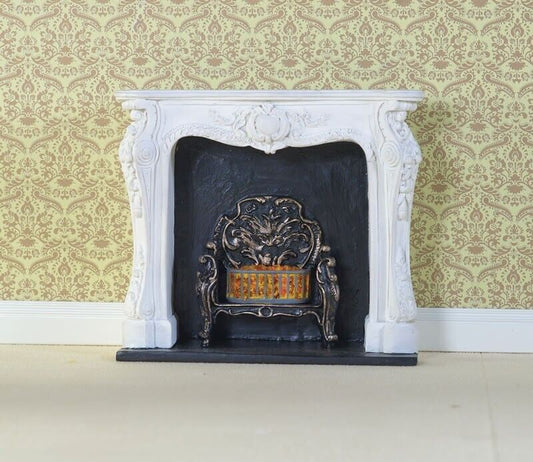 White Rocco Style Fireplace, Dolls House Miniature, Fire, House Decor