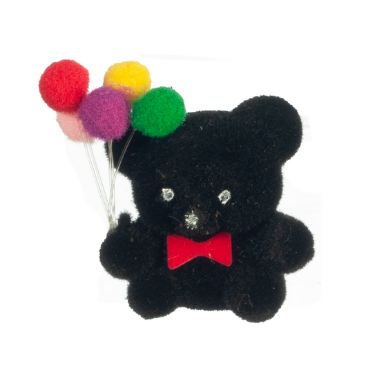 Black Flocked Teddy Bear w/ Balloons, Dolls House Miniature, Nursery 1.12 Scale