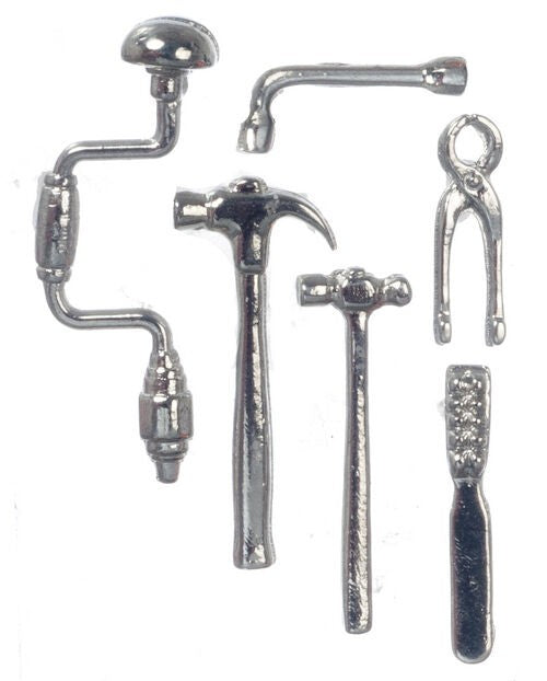 Six Piece Tool set, Dolls House Miniature, Hammer x2 Pliers Wrench Drill File