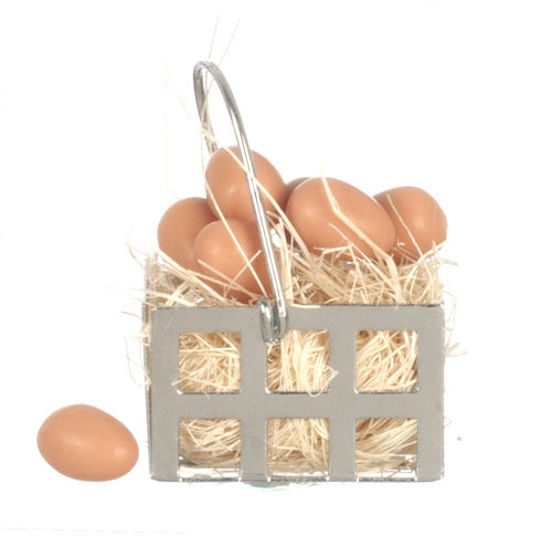 Eggs In Metal Basket, Dolls House Miniatures, 1.12 Scale Accessory Chicken Eggs,