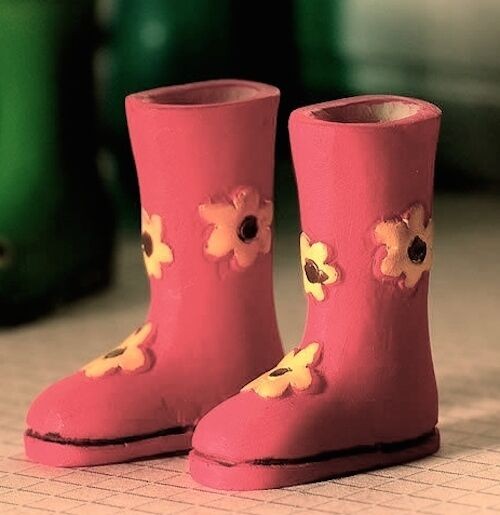 Flower Power Wellies, Dolls House Miniature Wellington Boots Pink w/ Flowers