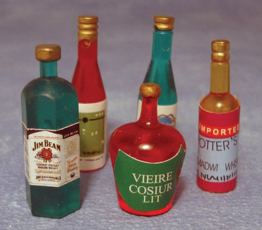 5 Bottles Of Spirits, Doll House Miniatures, 1.12 Scale