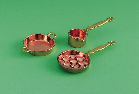 Three Copper / Brass Pans, Doll House Miniatures, Cookware Kitchen Accessory