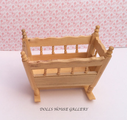 Pine Rocking Cradle, Dolls House Miniature Nursery Accessory. 1.12 Scale