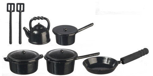 Black Metal Kitchenware Pots & Pans Set, Dolls House Miniatures, Kitchen