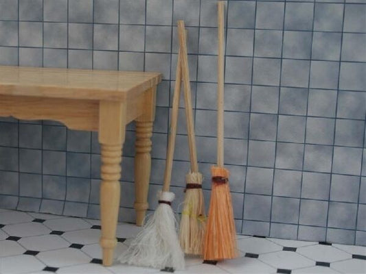 Set Of Three Wooden Brooms, Dolls House Miniatures, Sweeping Brushes
