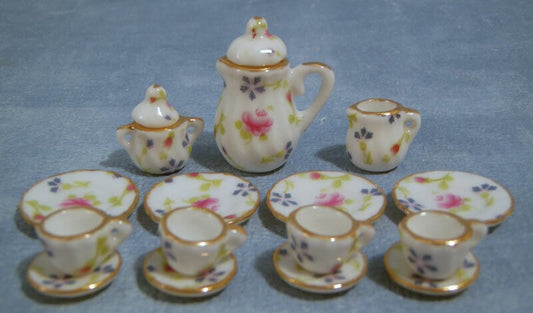 17 Piece Coffee Set With Floral Pattern, Dolls House Miniatures, Dining, UK Tea