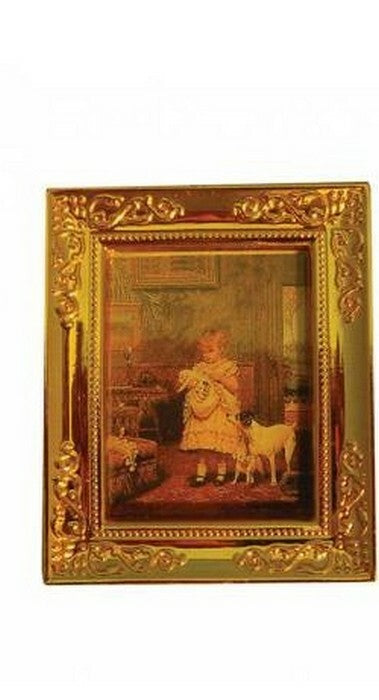 Golden Framed Picture Of A Child & Her Dog, Dolls House Miniature Home Decor