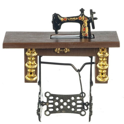 Wooden Treadle Sewing Machine With Horse Brasses, Doll House Miniature, Sew Room