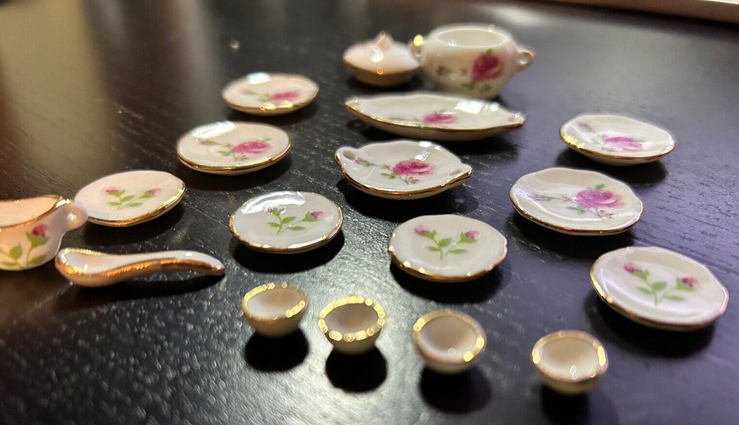 Pink Rose Dinner Set Dolls House Miniature 1:12 Scale Pot, Dining, Tea, Coffee